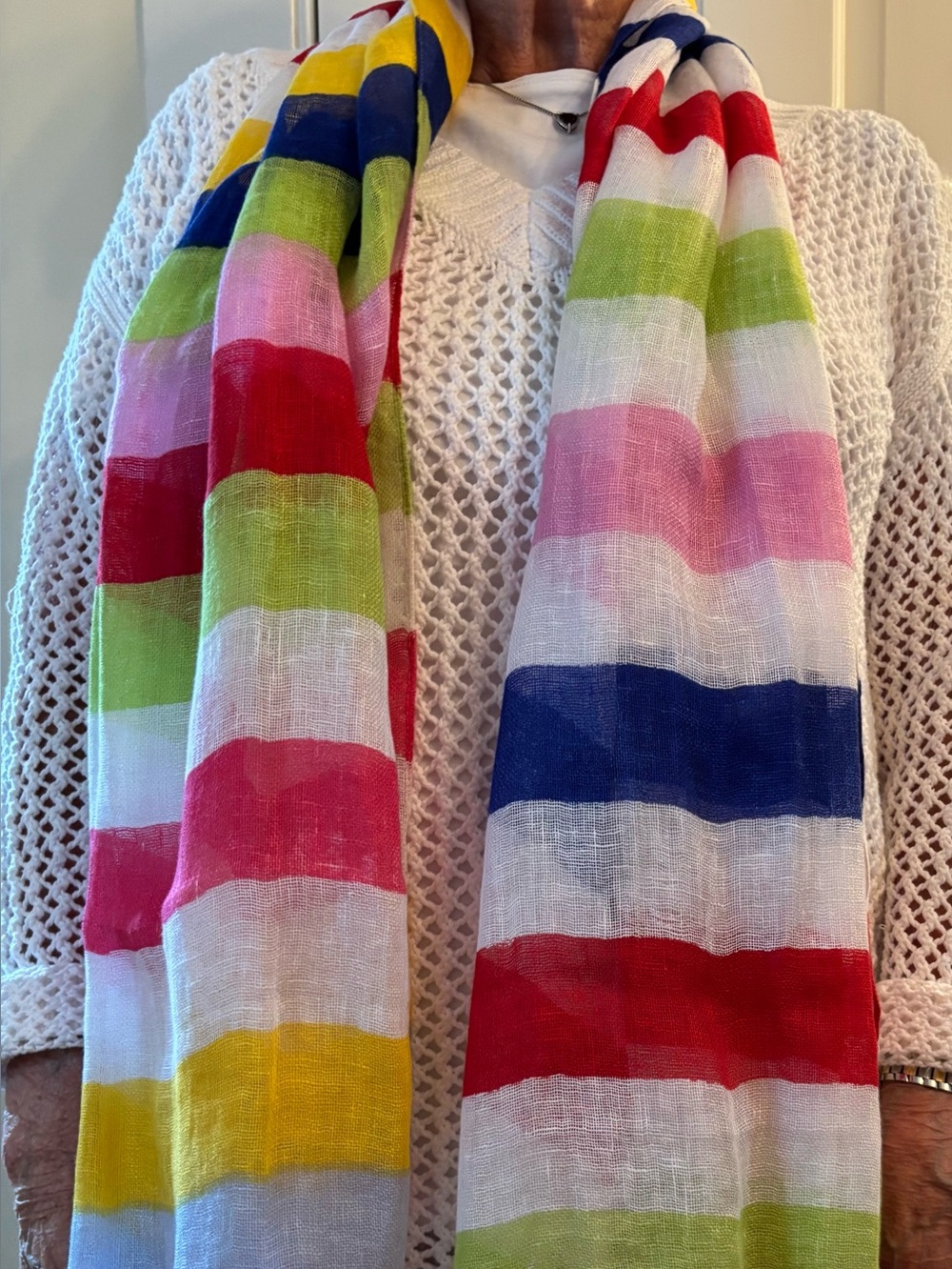 EUC Talbots Striped Multicolor linen Scarf - Vibrant colors, tassled edge